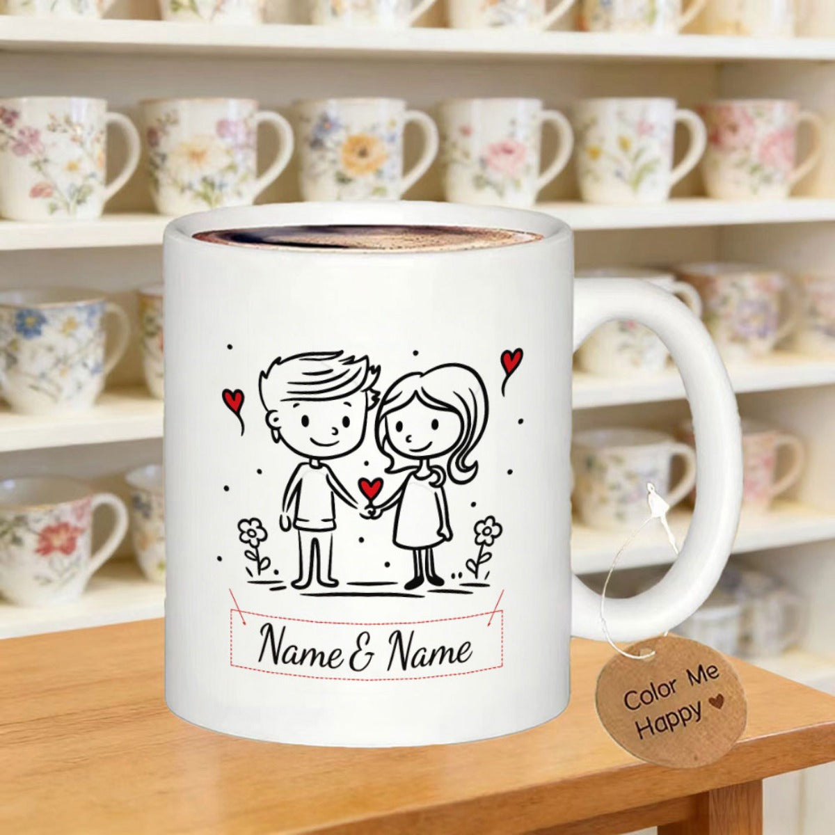 Tailorly White Ceramic 11 oz Mug - Name Name Hand Drawn Cartoon Illustration Holding Hearts In Simple Line Art Couple