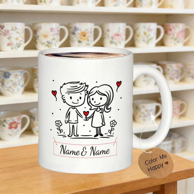 Tailorly White Ceramic 11 oz Mug - Name Name Hand Drawn Cartoon Illustration Holding Hearts In Simple Line Art Couple