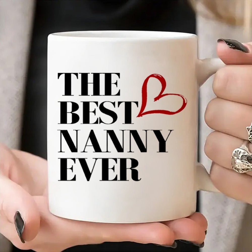 Tailorly White Ceramic 11 oz Mug - The Best Nanny Ever Minimalist Bold Serif Letters Featuring Red Hand Drawn Heart