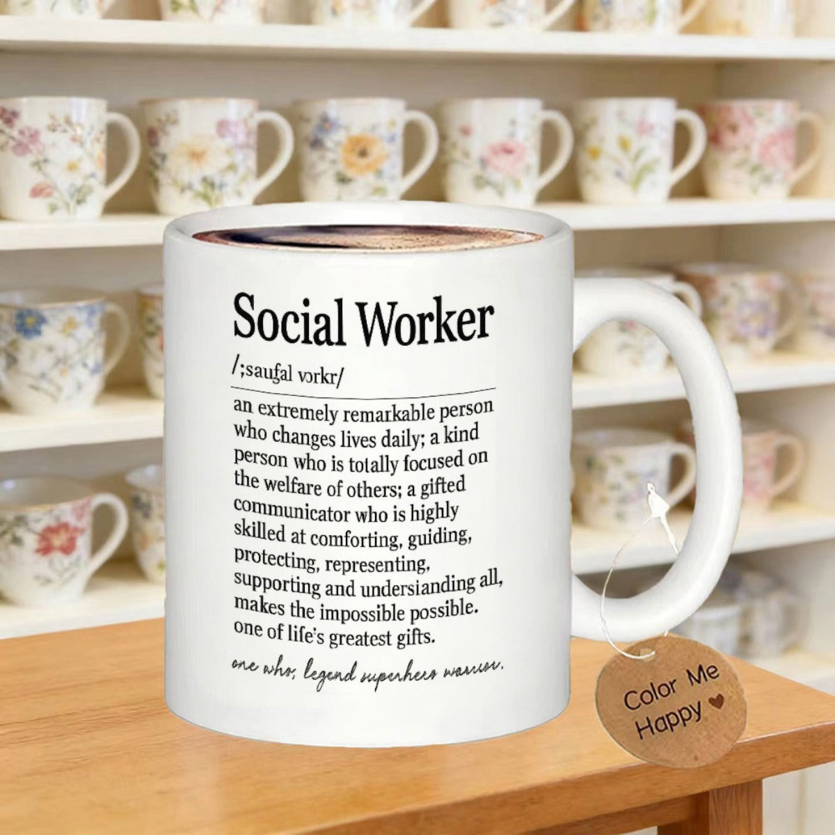 Tailorly White Ceramic 11 oz Mug - Social Worker Color Me Happy Classic White Ceramic Vessel Featuring Professional Dictionary Style Text Mug