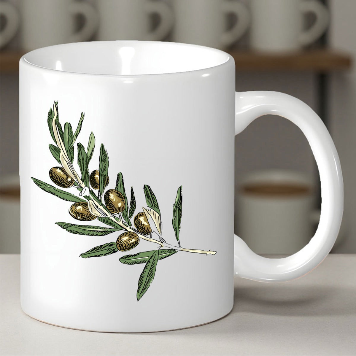 Tailorly White Ceramic 11 oz Mug - Detailed Botanical Illustration Featuring Green Leaves And Ripe Dark Fruit Olive Branch