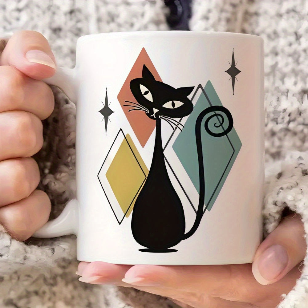 Tailorly White Ceramic 11 oz Mug - Mid Century Modern Retro Black Silhouette With Geometric Colorful Diamonds And Sparkles Cat