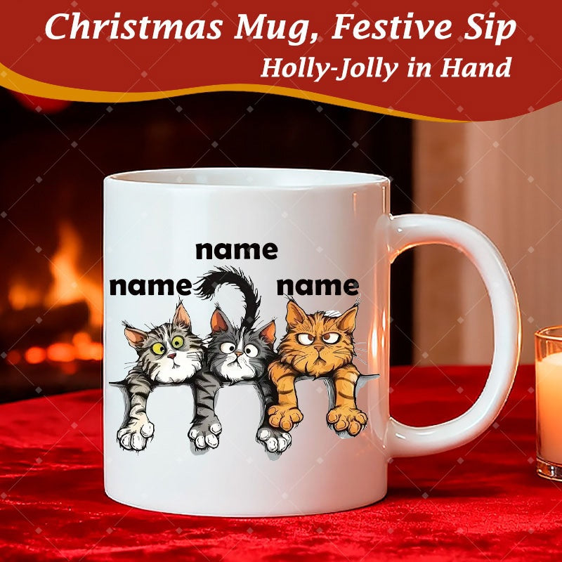 Tailorly White Ceramic 11 oz Mug - Name Three Funny Expressive Grumpy Cartoon Kittens Peering Over Edge Cat
