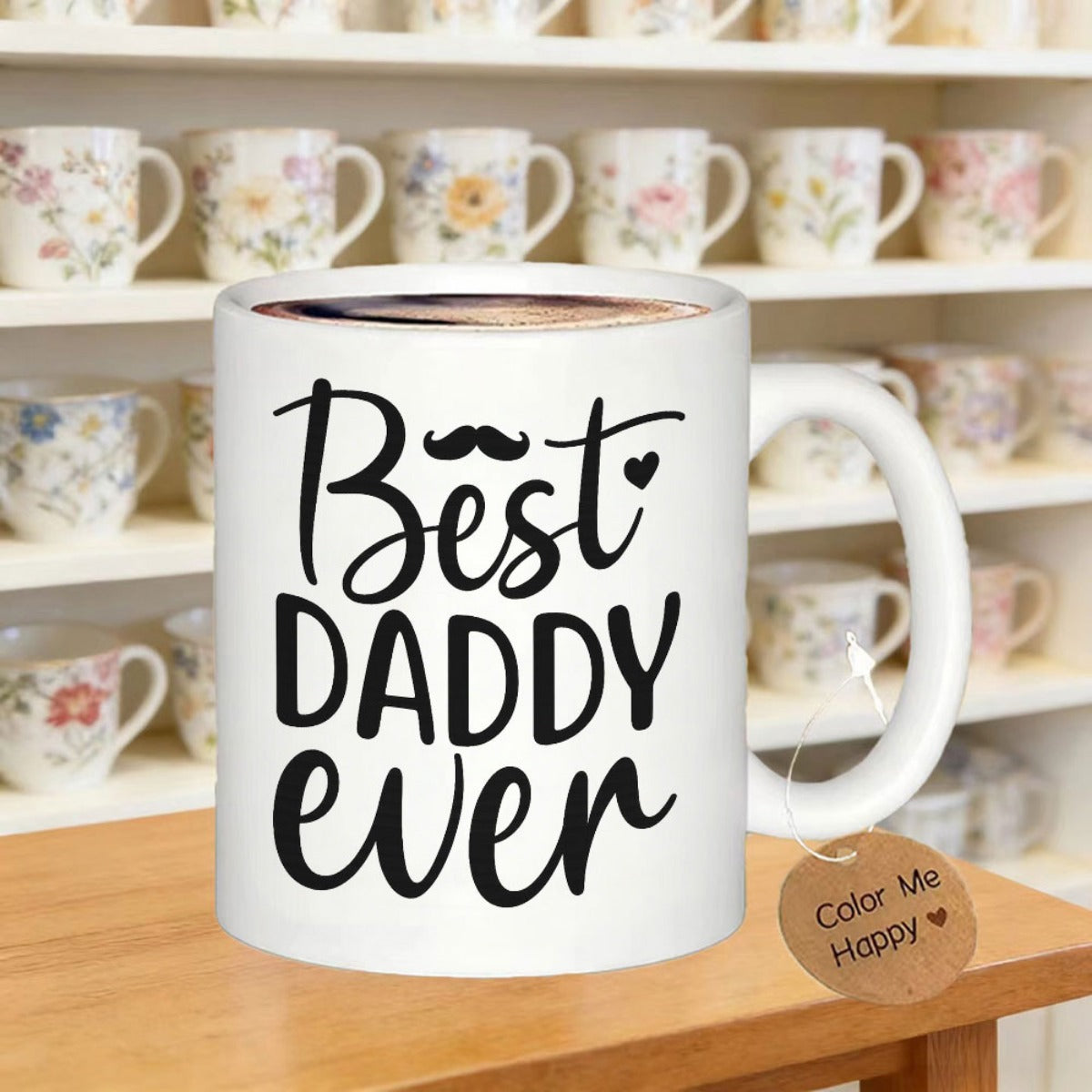 Tailorly White Ceramic 11 oz Mug - Best Daddy Ever Minimalist With Decorative Heart And Mustache Graphic Mug