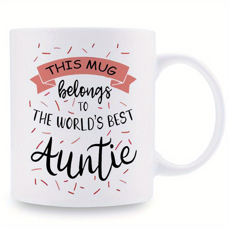 Tailorly White Ceramic 11 oz Mug - This Mug Belongs To The Worlds Best Auntie Elegant Pink Banner With Scattered Sprinkles And Script Mug