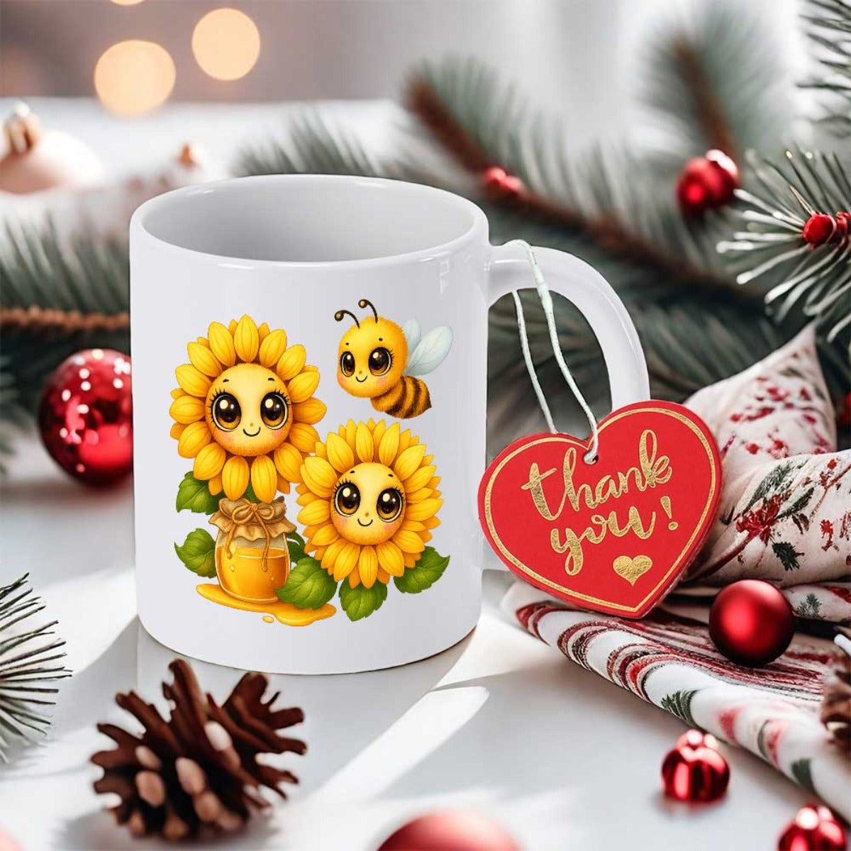 Tailorly White Ceramic 11 oz Mug - Smiling Cartoon Flowers With Tiny Bee And Golden Honey Jar Sunflower