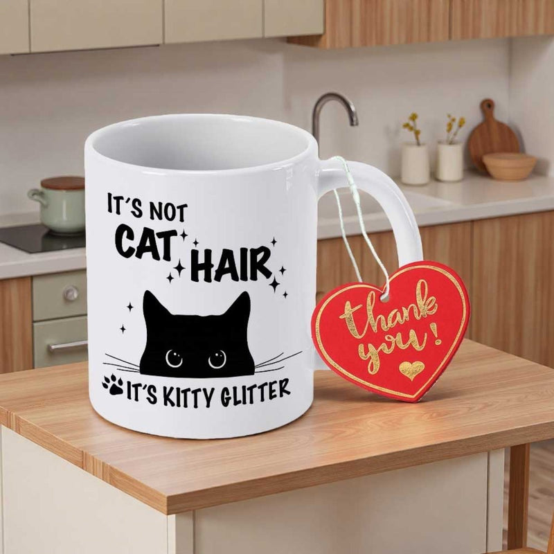 Tailorly White Ceramic 11 oz Mug - Its Not Cat Hair Its Kitty Glitter Peeking Black Cat Silhouette With Whiskers And Playful Paw Prints Cat