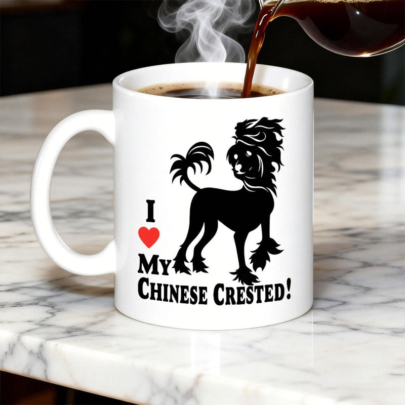 Tailorly White Ceramic 11 oz Mug - I My Chinese Crested Elegant Black Silhouette Standing Proudly Beside A Tiny Red Heart Chinese Crested
