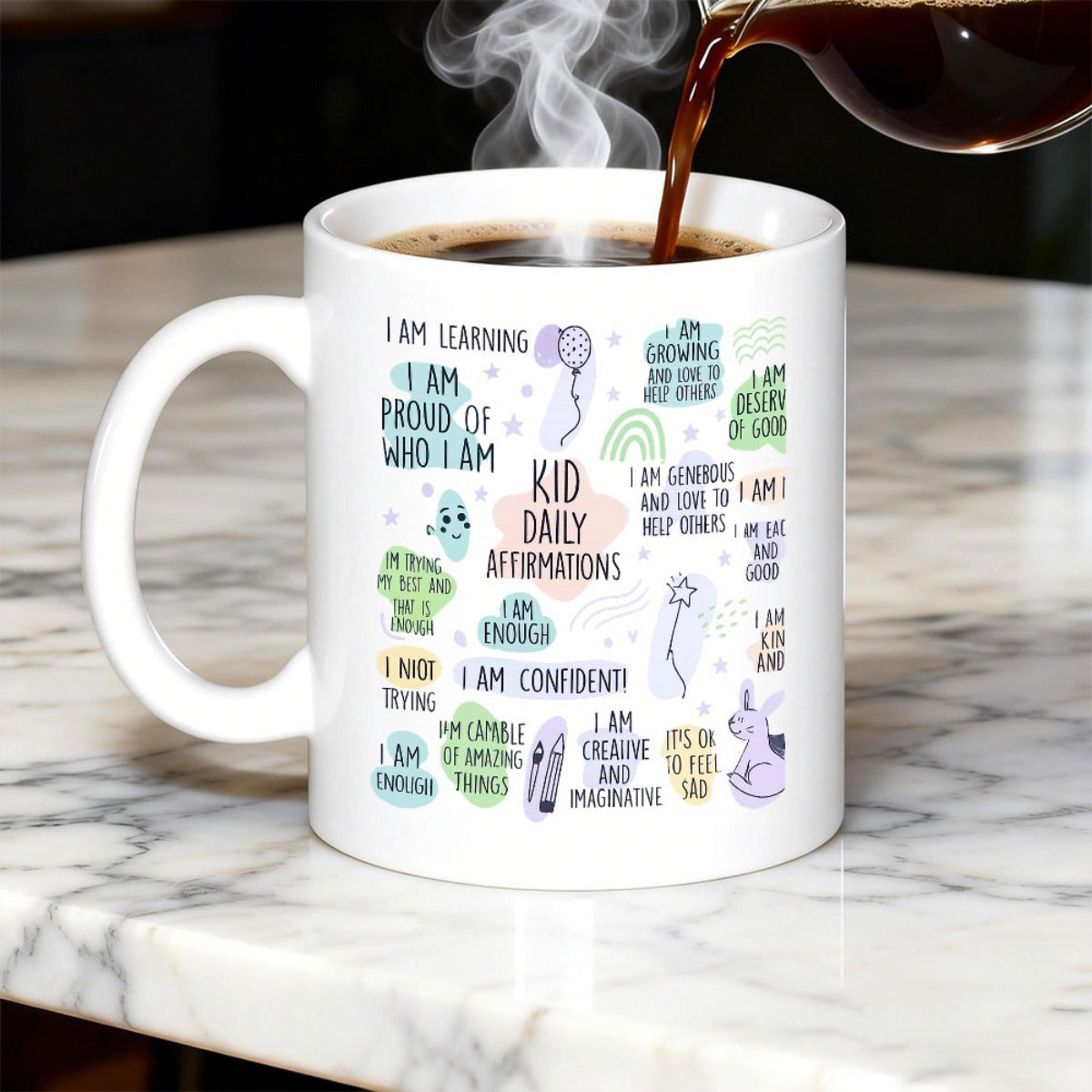 Tailorly White Ceramic 11 oz Mug - Kid Daily Affirmations Colorful Hand Drawn Icons Scattered Among Inspirational Phrases Mug