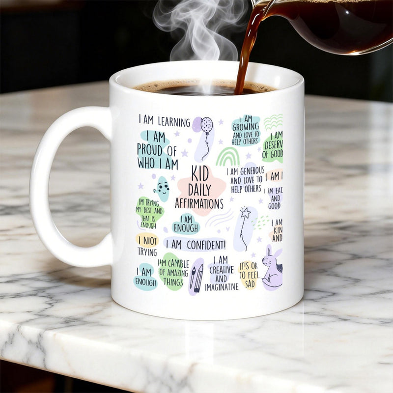 Tailorly White Ceramic 11 oz Mug - Kid Daily Affirmations Colorful Hand Drawn Icons Scattered Among Inspirational Phrases Mug