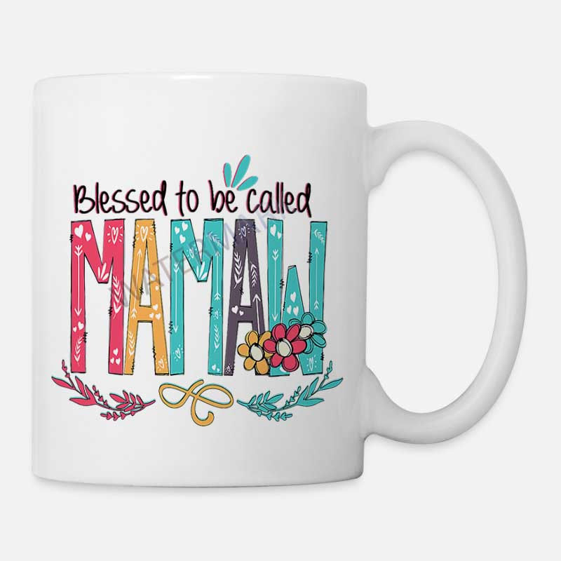 Tailorly White Ceramic 11 oz Mug - Blessed To Be Called Mamaw Colorful Patterned Artistic Letters With Floral Accents And Delicate Leaves Lettering