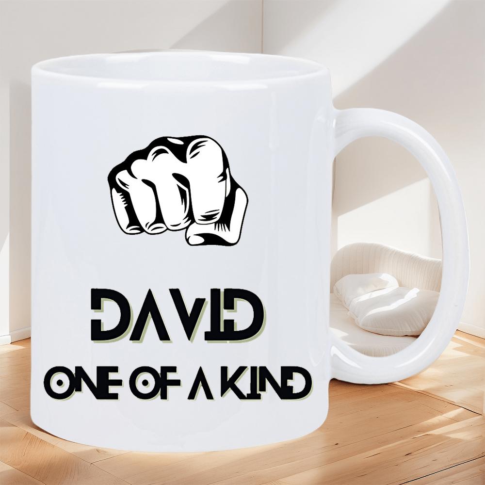 Tailorly White Ceramic 11 oz Mug - David One Of A Kind Powerful Black Ink Line Art Dynamic Punching Forward Fist