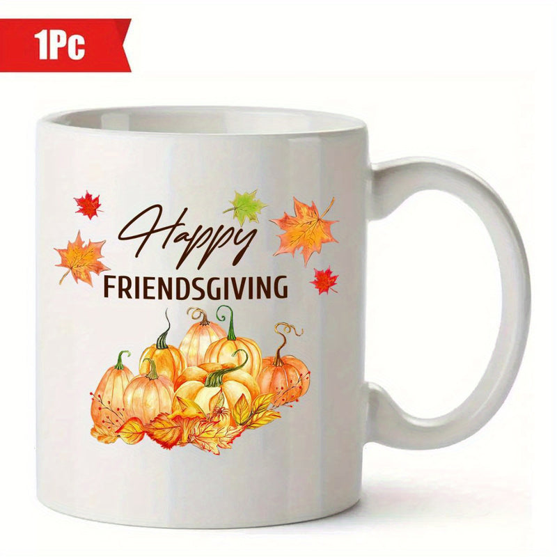 Tailorly White Ceramic 11 oz Mug - Happy Friendsgiving Beautiful Watercolor Maple Leaves Scattering Above A Rustic Harvest Pumpkin