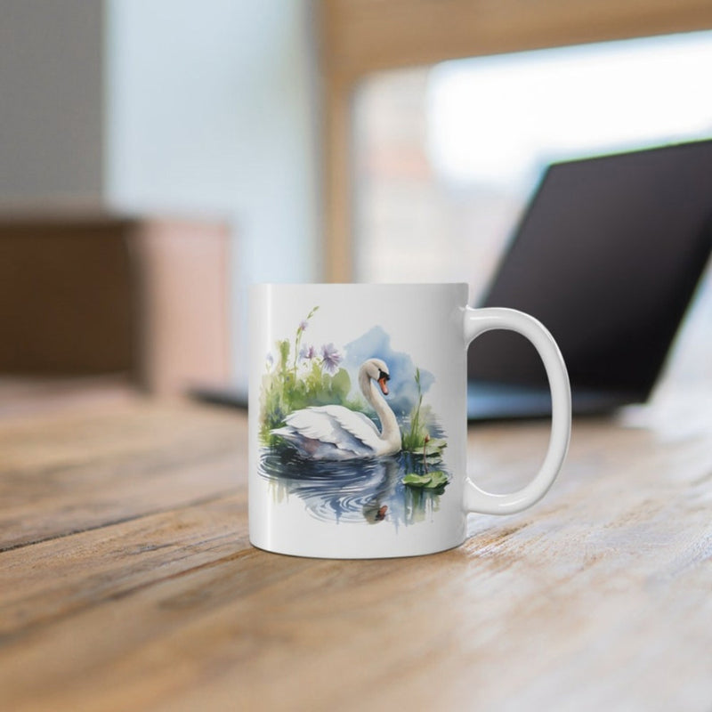 Tailorly White Ceramic 11 oz Mug - Graceful White Bird Floating On Serene Blue Water With Green Reeds Swan