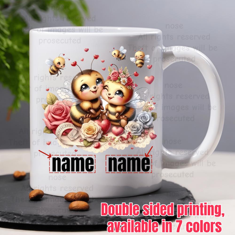 Tailorly White Ceramic 11 oz Mug - Name Name Two Cute Cartoon Bees Nestled Among Blooming Roses And Tiny Hearts Bee