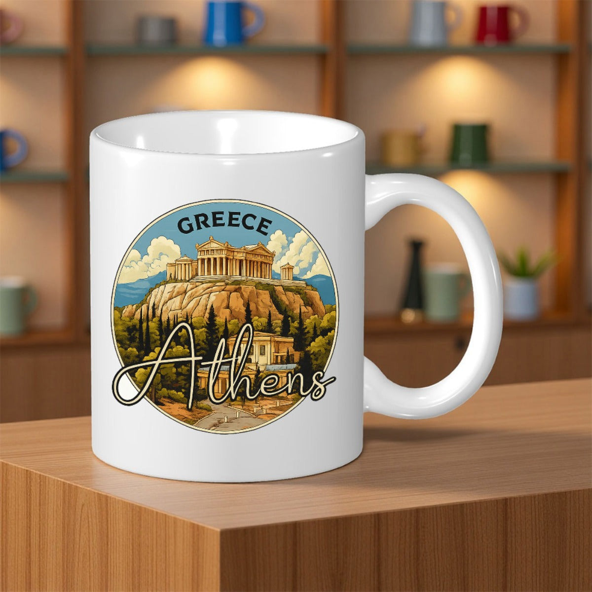 Tailorly White Ceramic 11 oz Mug - Greece Athens Vintage Artistic Illustration Of Ancient Ruins Under A Cloudy Sky Landmark