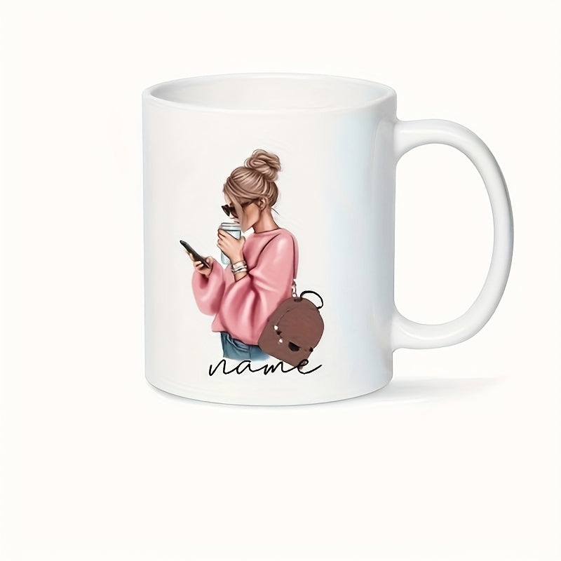 Tailorly White Ceramic 11 oz Mug - Name Stylish Young Woman Holding Coffee Cup And Looking At Phone Woman