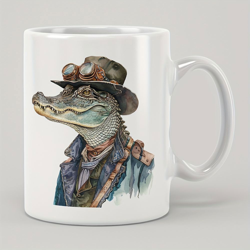 Tailorly White Ceramic 11 oz Mug - Steampunk Character Wearing Vintage Hat With Goggles And Rugged Coat Alligator