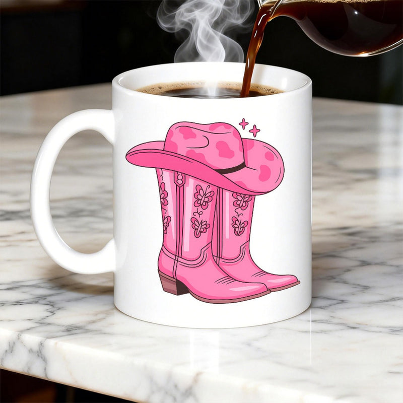 Tailorly White Ceramic 11 oz Mug - Stylish Pink Western Cowboy Hat Resting Atop Floral Detailed Leather Boots