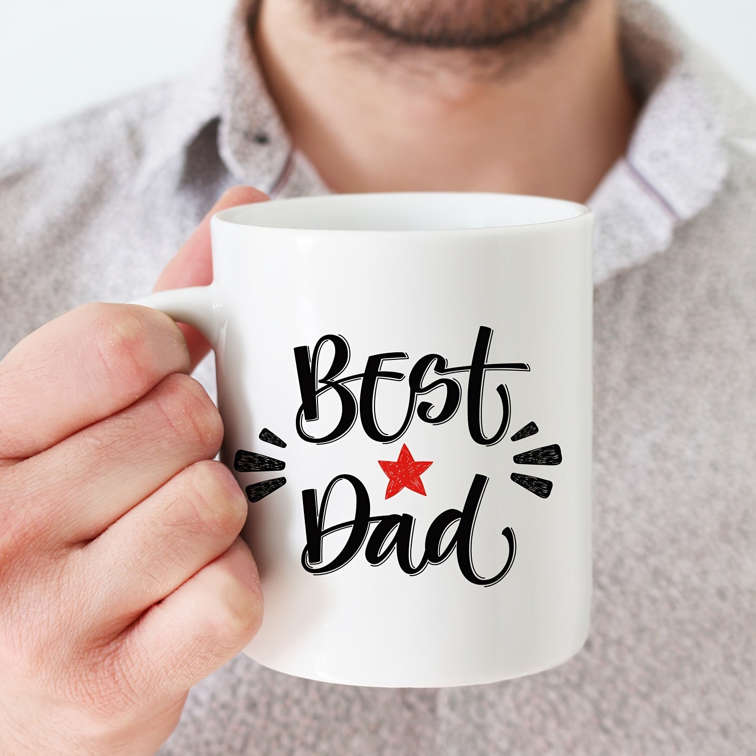 Tailorly White Ceramic 11 oz Mug - Best Dad Hand Lettered Calligraphy Style With Small Red Star And Artistic Radiating Accents Mug