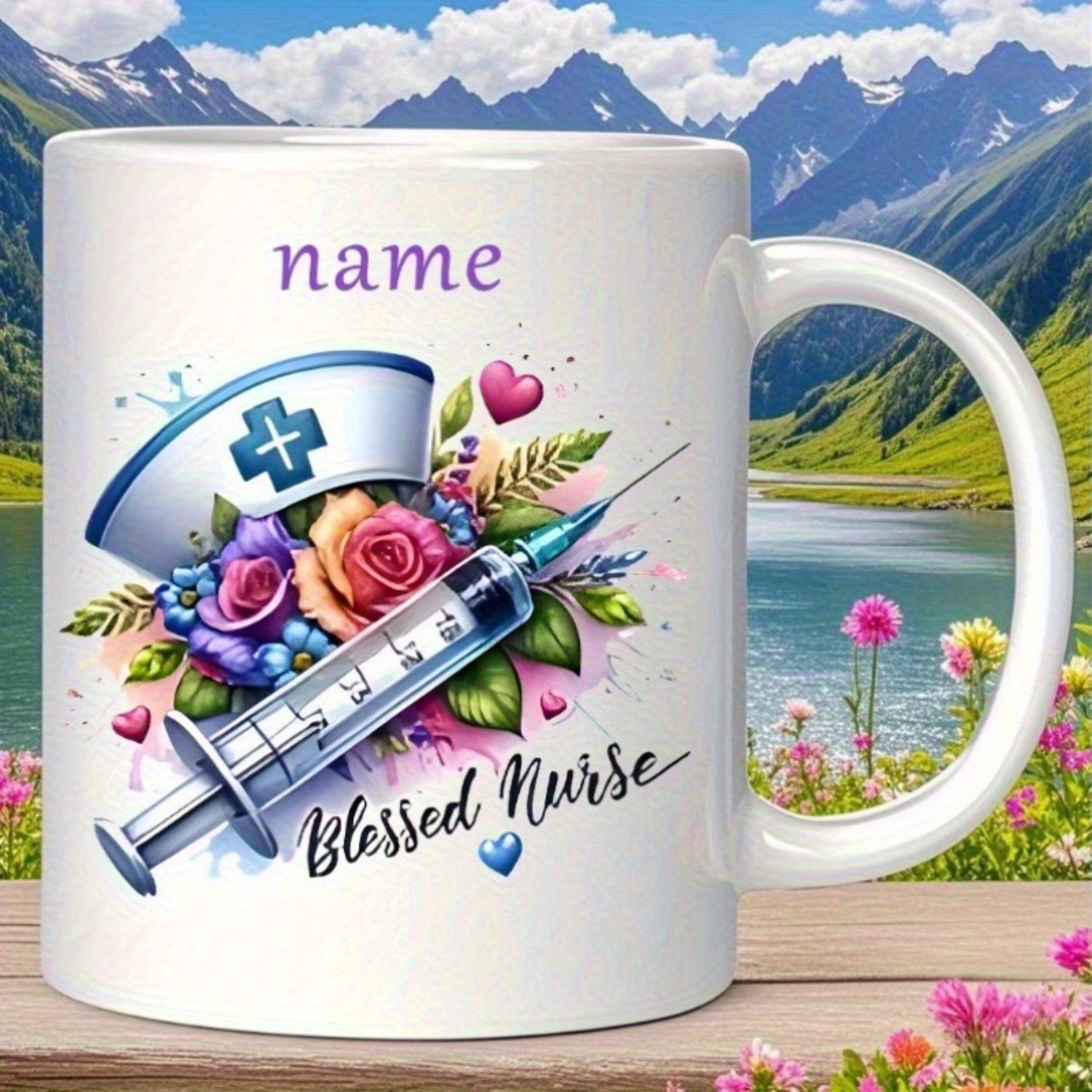 Tailorly White Ceramic 11 oz Mug - Blessed Nurse Vibrant Floral Arrangement With Medical Syringe And Decorative Nurse Hat Nurse