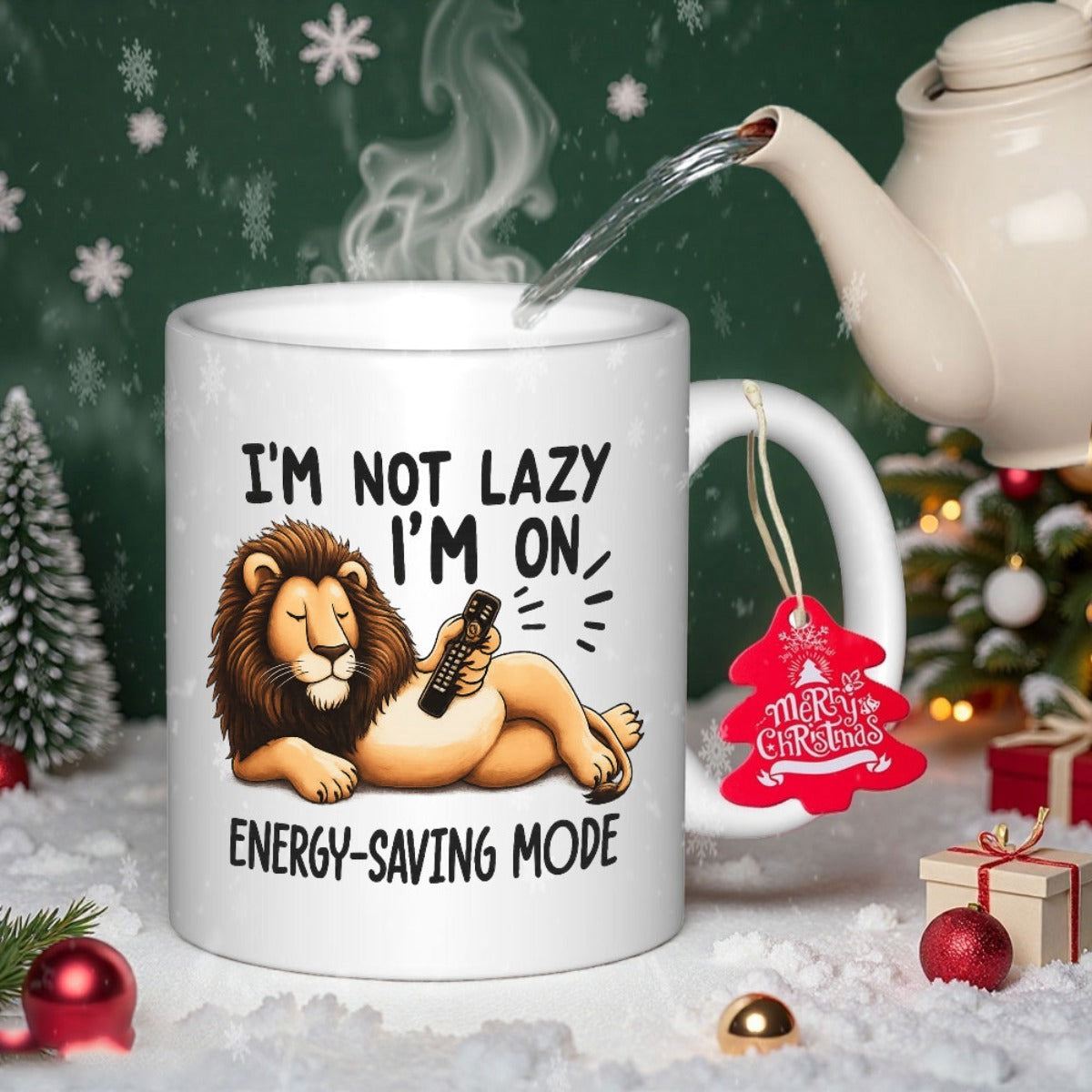 Tailorly White Ceramic 11 oz Mug - Im Not Lazy Im On Energy Saving Mode Relaxed Cartoon Wild Animal Reclining Comfortably Holding A TV Remote Lion