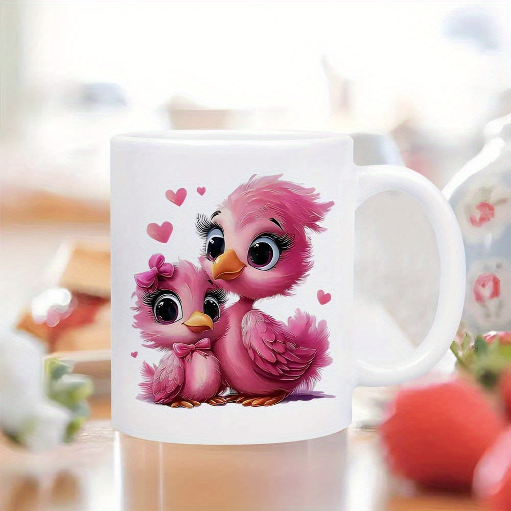 Tailorly White Ceramic 11 oz Mug - Adorable Pink Feathered Cartoon Pair Surrounded By Floating Love Hearts Bird