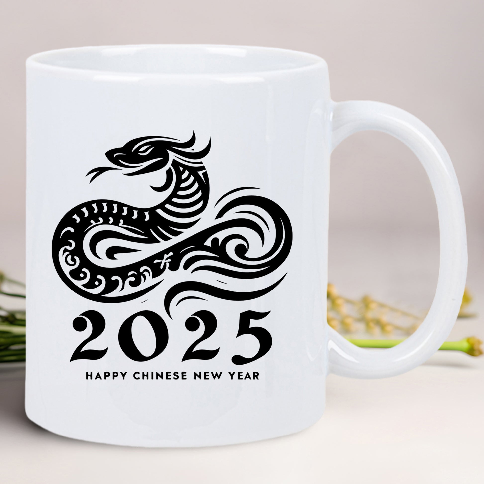 Tailorly White Ceramic 11 oz Mug - Happy Chinese New Year 2025 Intricate Black Tribal Silhouette With Elegant Swirling Patterns Snake