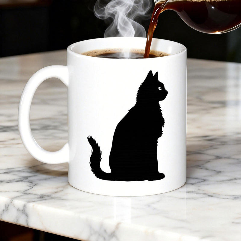 Tailorly White Ceramic 11 oz Mug - Elegant Sitting Black Feline Silhouette Resting Upon Clean White Minimalist Surface Cat