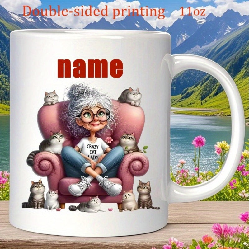 Tailorly White Ceramic 11 oz Mug - Name Crazy Cat Lady Cartoon Grandma Sitting On Armchair Surrounded By Many Adorable Fluffy Cats Lady
