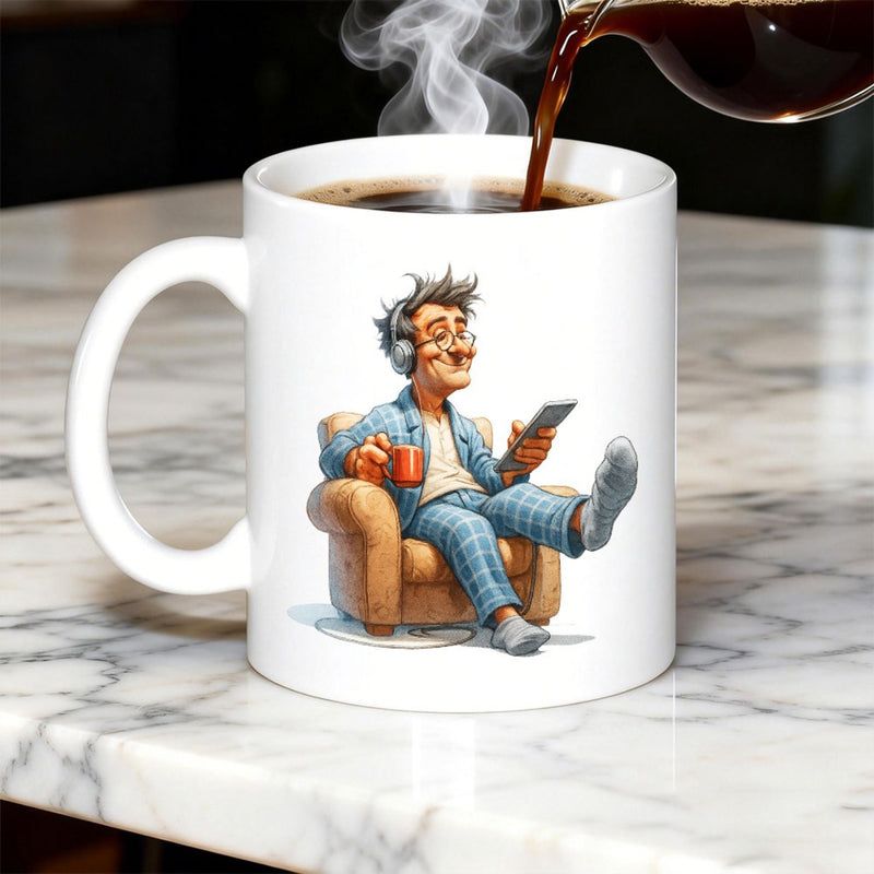 Tailorly White Ceramic 11 oz Mug - Relaxed Cartoon Man Sitting On Armchair Listening To Music With Headphones Man
