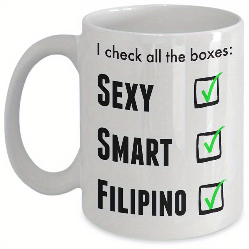 Tailorly White Ceramic 11 oz Mug - I Check All The Boxes Sexy Smart Filipino Three Green Checkmarks Inside Black Squares Arranged In Vertical List Mug