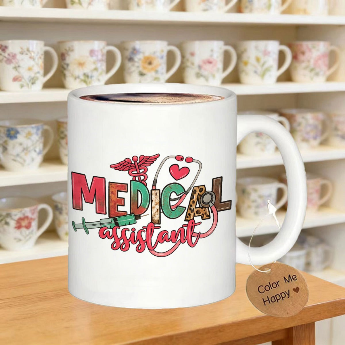 Tailorly White Ceramic 11 oz Mug - Medical Assistant Colorful Patterned Letters With Stethoscope Syringe And Heart Caduceus Design