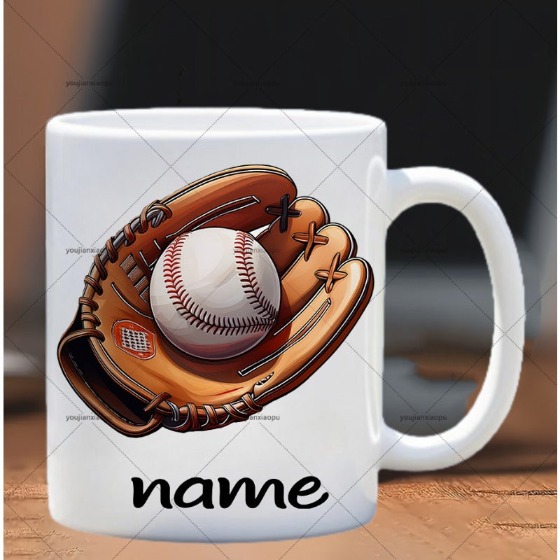 Tailorly White Ceramic 11 oz Mug - Name Classic Brown Leather Glove Catching A Stitched White Professional Baseball
