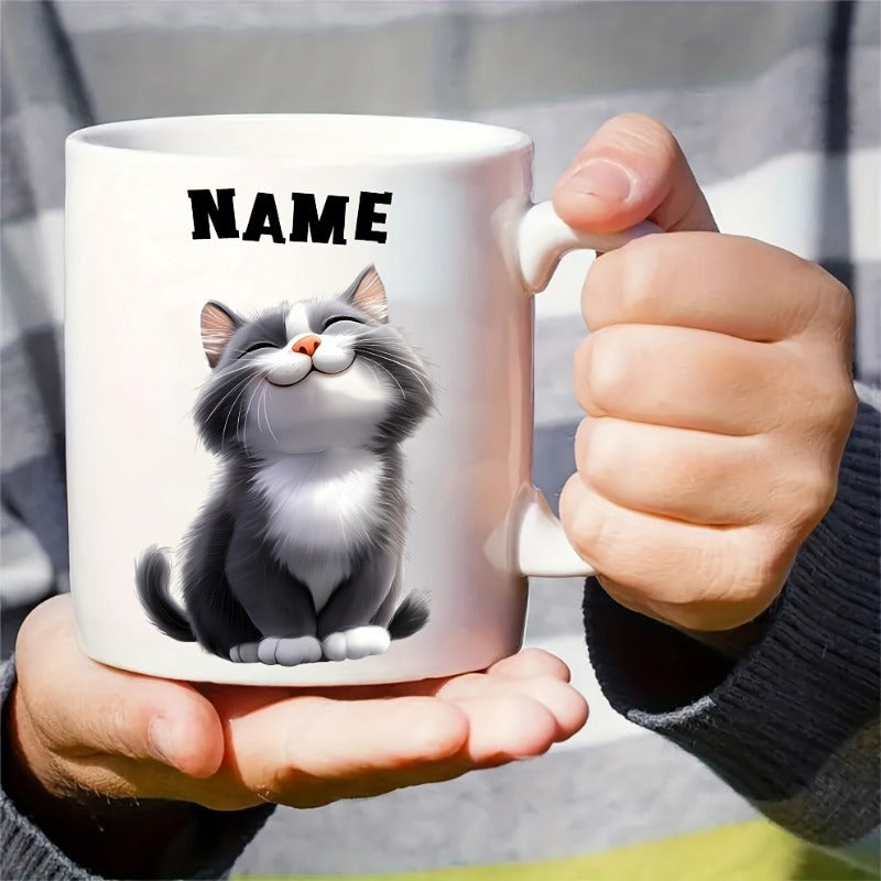 Tailorly White Ceramic 11 oz Mug - Name Adorable Gray And White Fluffy Kitten Smiling With Closed Eyes Cat