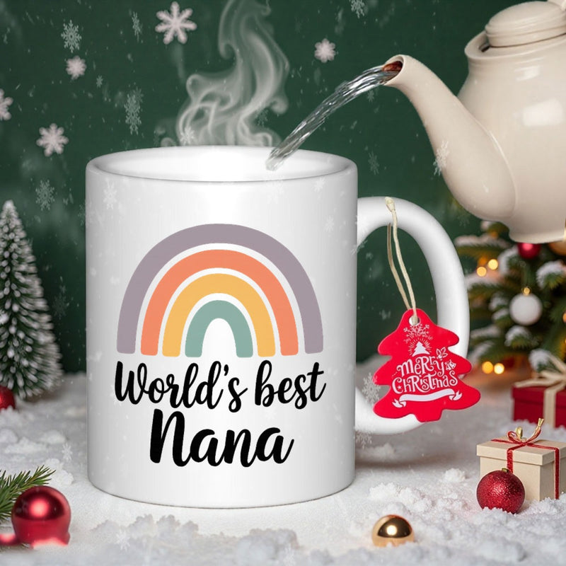 Tailorly White Ceramic 11 oz Mug - Worlds Best Nana Muted Colors In A Boho Style Arc With Minimalist Design Rainbow