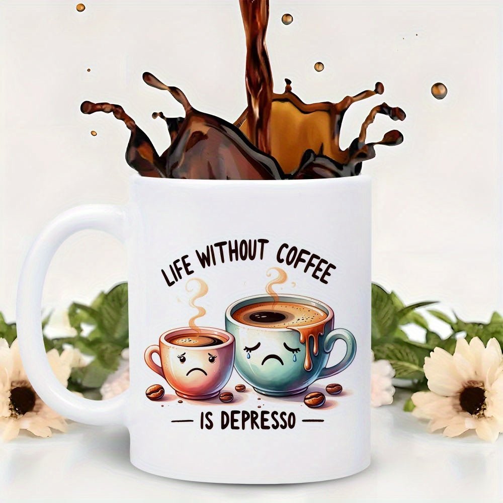 Tailorly White Ceramic 11 oz Mug - Life Without Coffee Is Depresso Two Sad Small Anthropomorphic Coffee Cups Crying Among Scattered Roasted Coffee Beans Mug