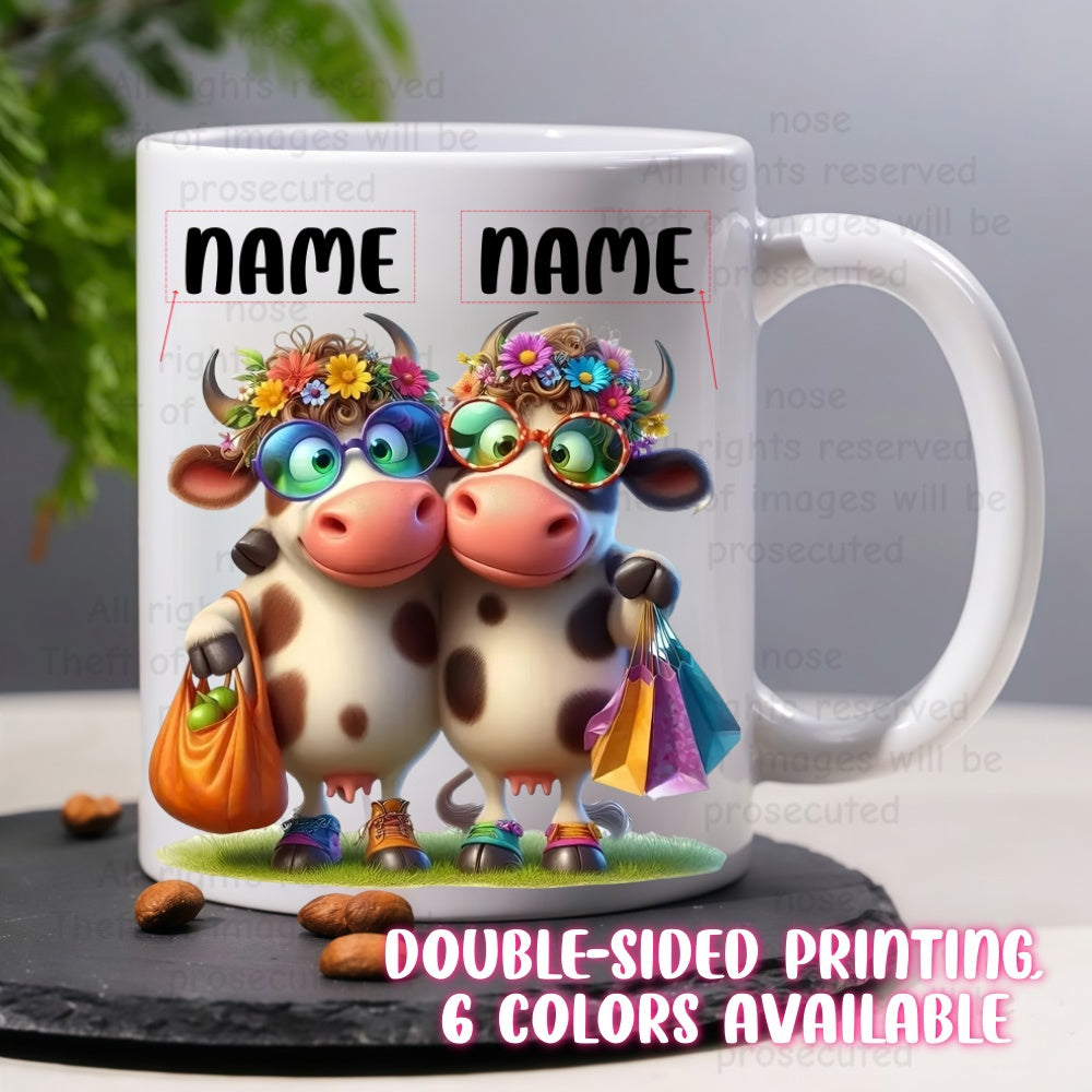 Tailorly White Ceramic 11 oz Mug - Two Stylish Cartoon Cows Wearing Floral Crowns And Sunglasses Carrying Colorful Shopping Bags Cow