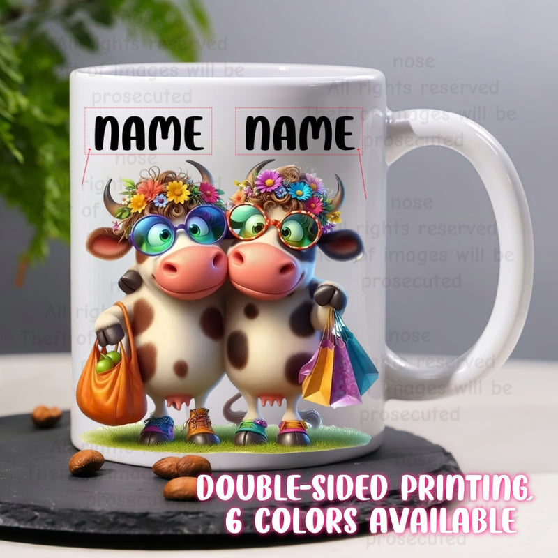 Tailorly White Ceramic 11 oz Mug - Two Stylish Cartoon Cows Wearing Floral Crowns And Sunglasses Carrying Colorful Shopping Bags Cow