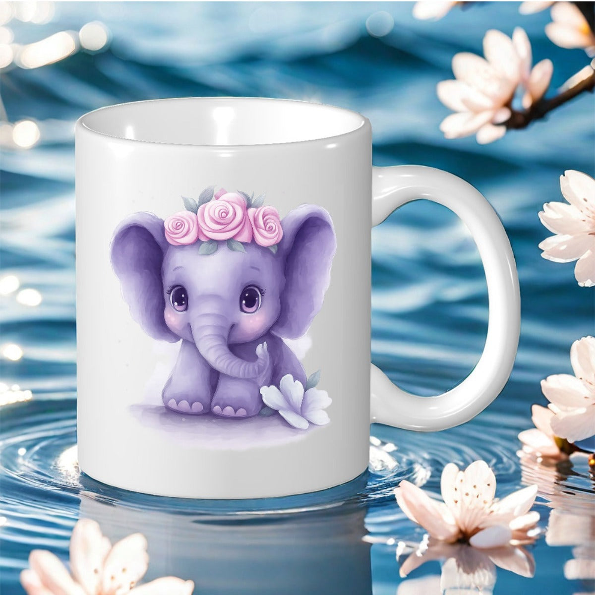 Tailorly White Ceramic 11 oz Mug - Adorable Purple Baby Elephant With Pink Roses Sitting Peacefully Elephant