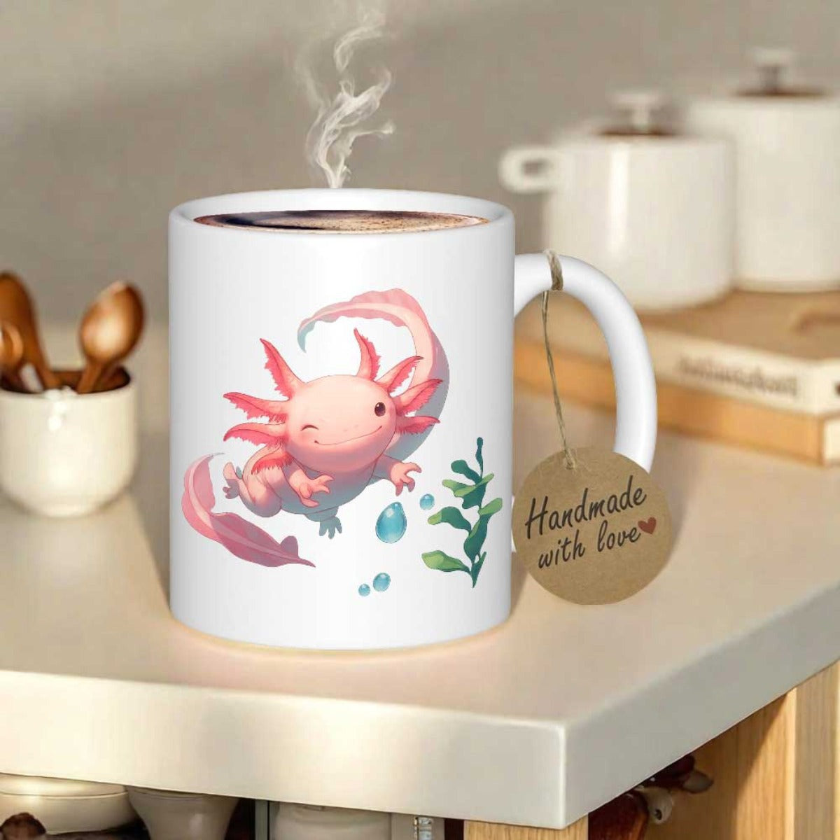 Tailorly White Ceramic 11 oz Mug - Handmade With Love Adorable Pink Creature Swimming Among Green Seaweed And Bubbles Axolotl