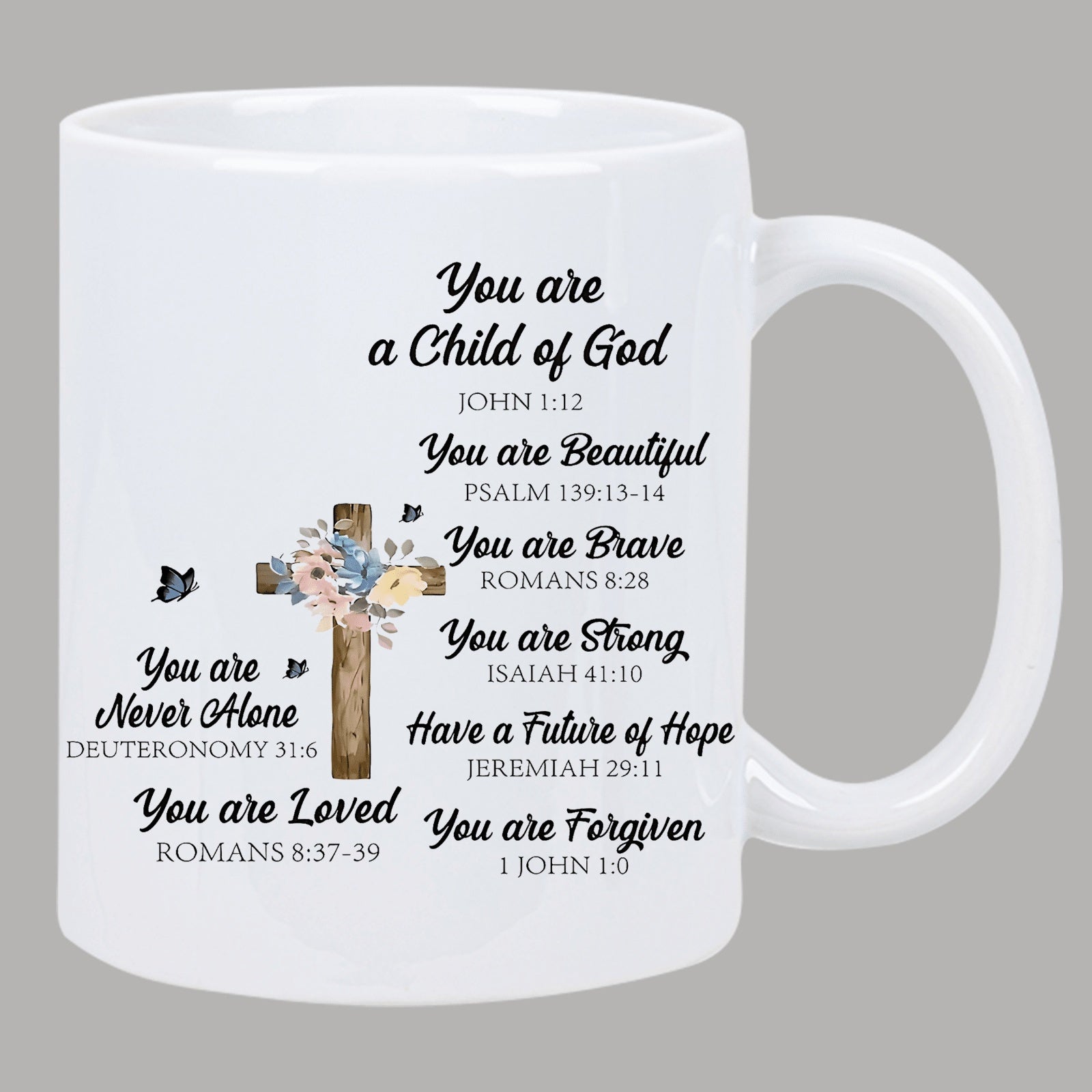 Tailorly White Ceramic 11 oz Mug - You Are A Child Of God Rustic Wooden Material Adorned With Vibrant Floral Elements And Fluttering Butterflies Cross
