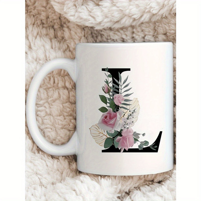 Tailorly White Ceramic 11 oz Mug - L Elegant Floral Arrangement Wrapped Around A Large Black Serif Initial Mug