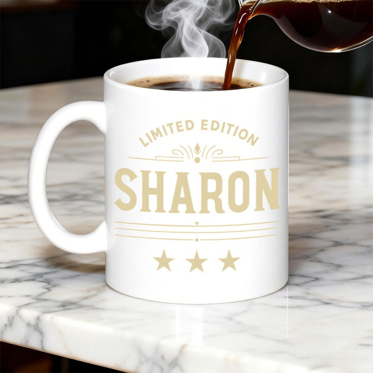 Tailorly White Ceramic 11 oz Mug - Limited Edition Sharon White Ceramic Featuring Golden Vintage Flourish And Star Decorations Mug