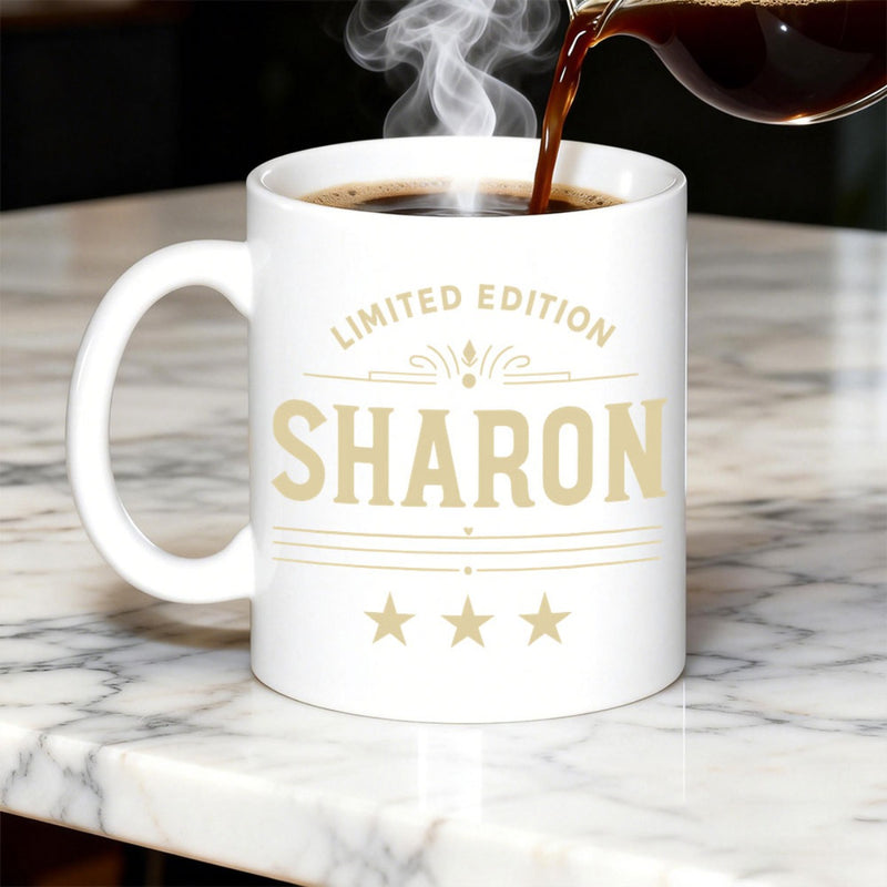 Tailorly White Ceramic 11 oz Mug - Limited Edition Sharon White Ceramic Featuring Golden Vintage Flourish And Star Decorations Mug