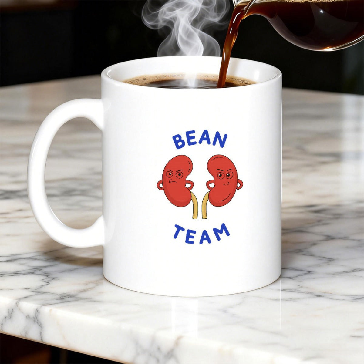 Tailorly White Ceramic 11 oz Mug - Bean Team Anthropomorphic Red Organs With Grumpy Facial Expressions Standing Side By Side Kidneys