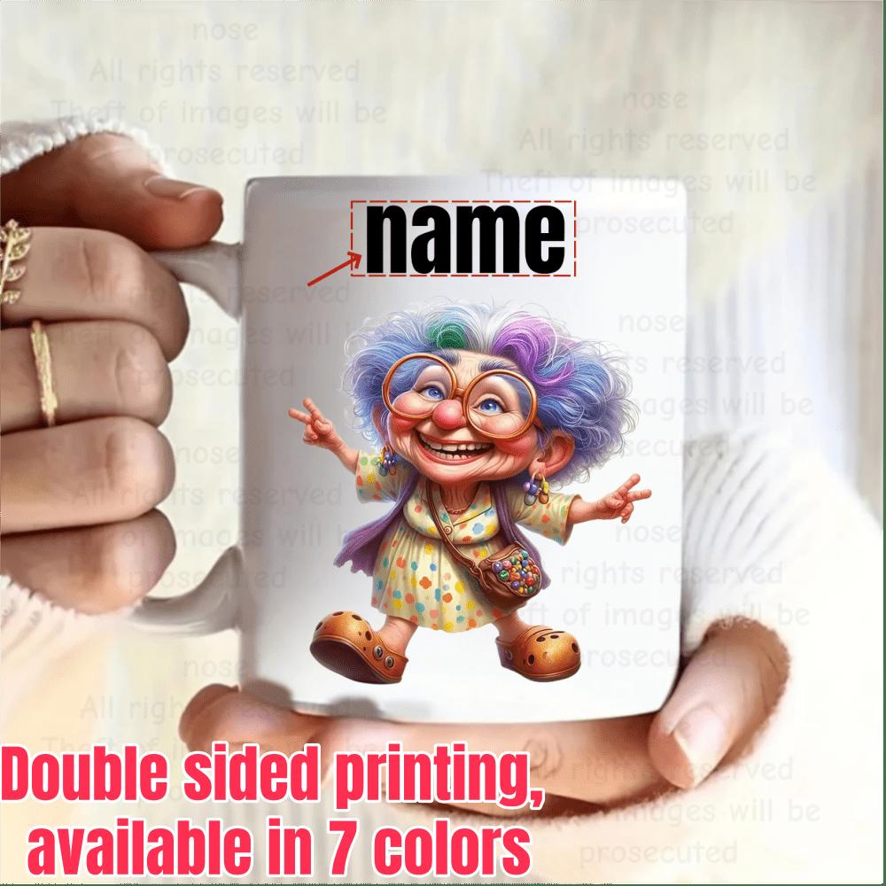 Tailorly White Ceramic 11 oz Mug - Name Cheerful Elderly Woman With Colorful Hair And Artistic Round Glasses Waving Grandmother