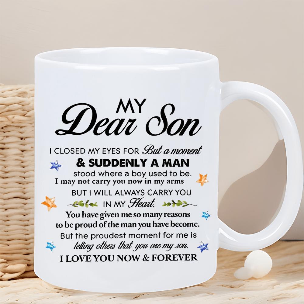 Tailorly White Ceramic 11 oz Mug - My Dear Son Elegant Scripted Text With Small Colorful Stars Ceramic Mug