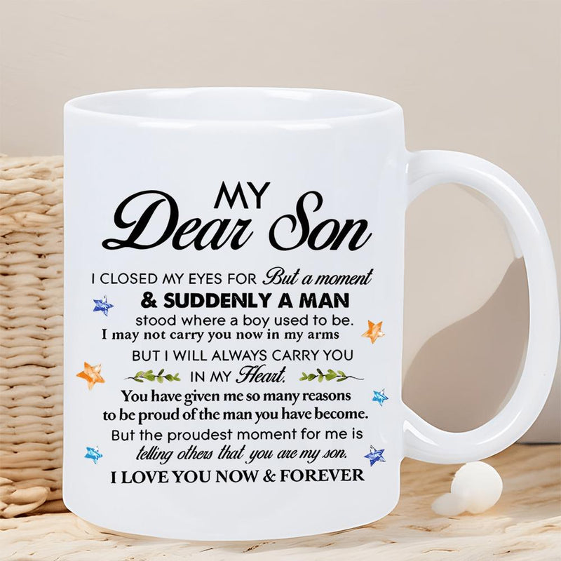 Tailorly White Ceramic 11 oz Mug - My Dear Son Elegant Scripted Text With Small Colorful Stars Ceramic Mug