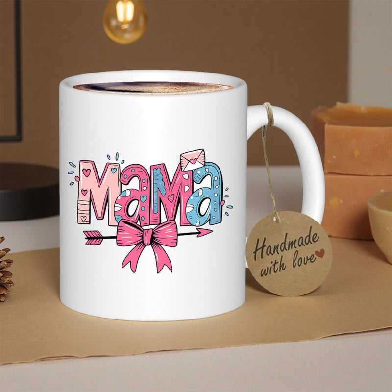 Tailorly White Ceramic 11 oz Mug - Mama Colorful Illustrated Bubble Letters With Hearts Arrow And Pink Bow Mama